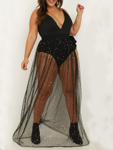 Airchics jupe longue brillante paillette avec strappy fendu le côté tulle mode femme noir